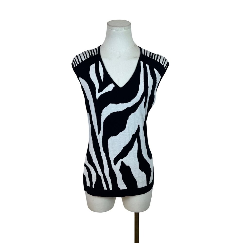 Lafayette 148 Womens Black/White V-Neck Zebra Print Sleeveless Sweater Vest Size